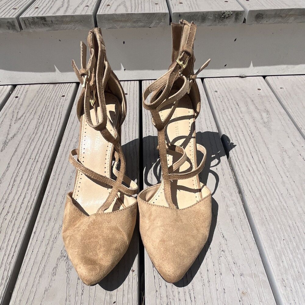 Adrienne Vittadini Women’s Beige Suede Pointed Toe Strappy Block Heels US 10